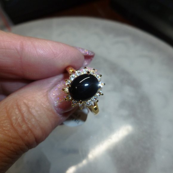 18k Yellow Gold EP Onyx Halo Swarovski Crystal Dolphin Ore Ring - Picture 7 of 11